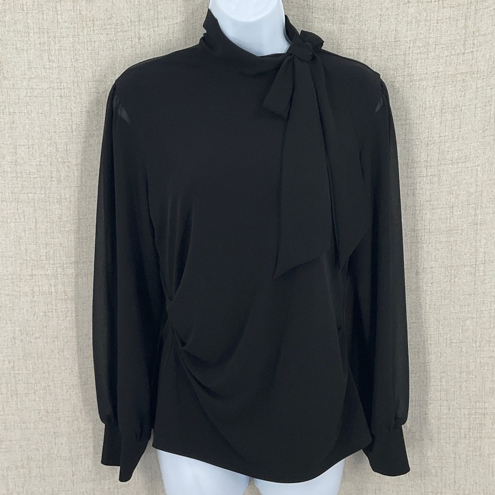 Calvin Klein Blouse Womens S Black Tie Neck Sheer Sleeve Classic Office Preppy